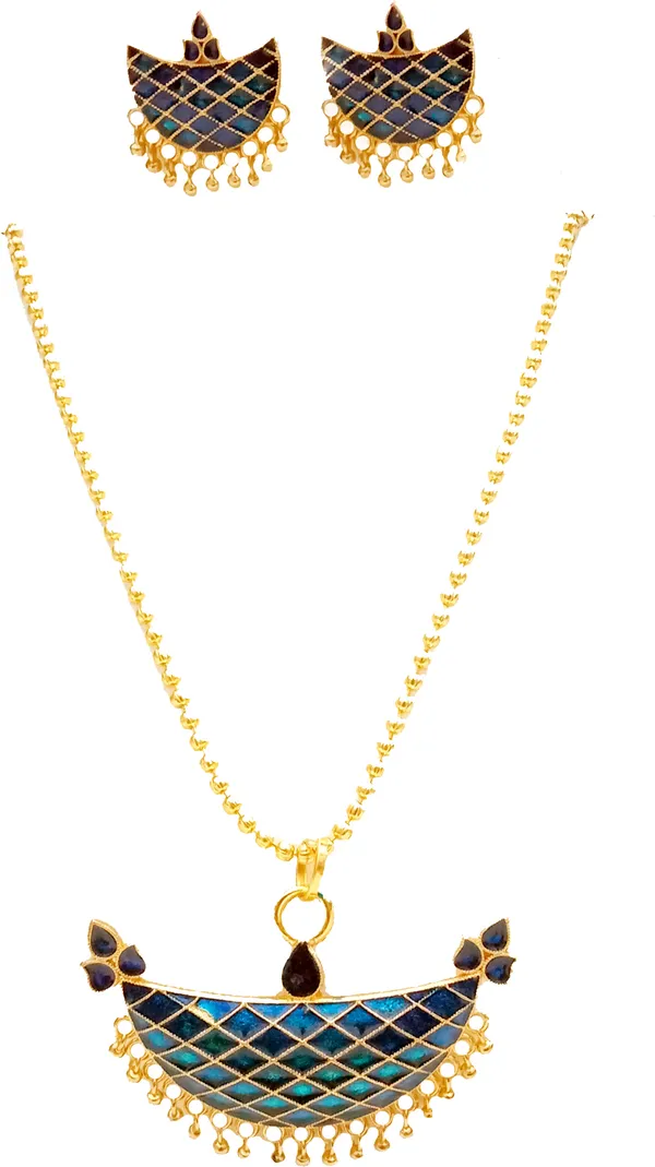 Assamese_Traditional_Gold_Plated_Blue_Colour_Junbiri_Chain_Jewellery_Set_For_Women